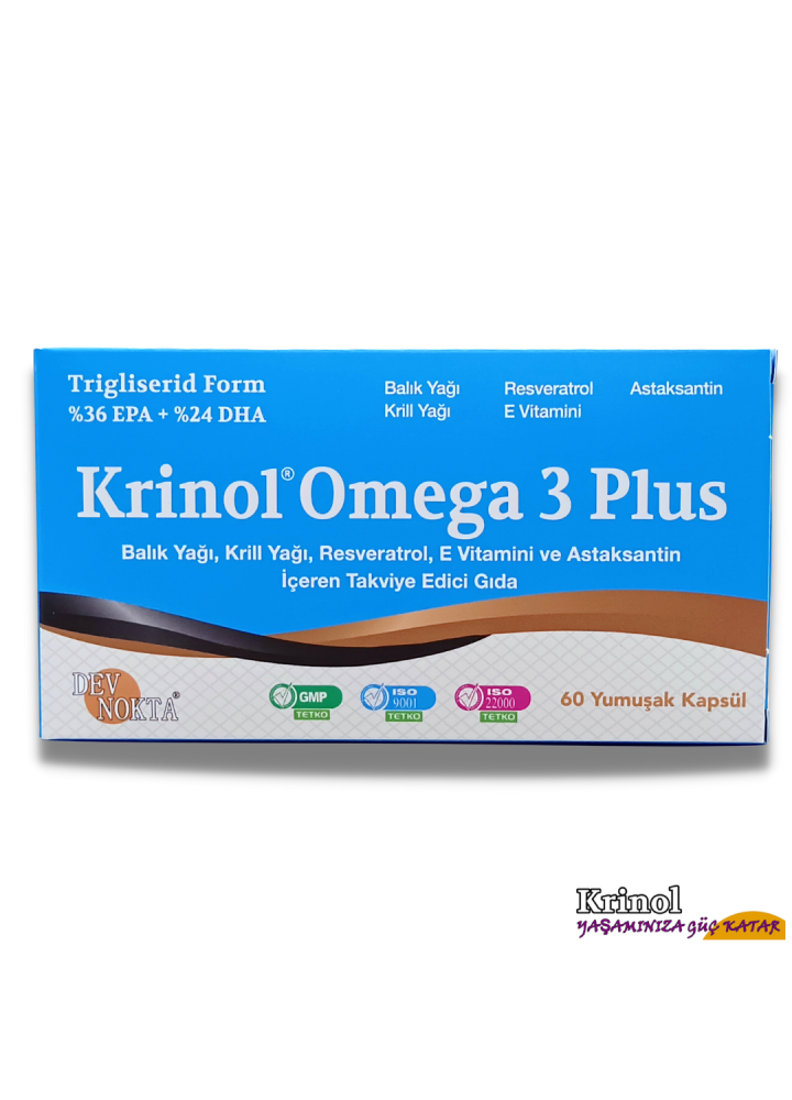Krinol Omega 3 Plus - Balık Yağı, Krill Yağı, Resveratrol, E Vitamini ve Astaksantin - 60 Kapsül - 1 Kutu
