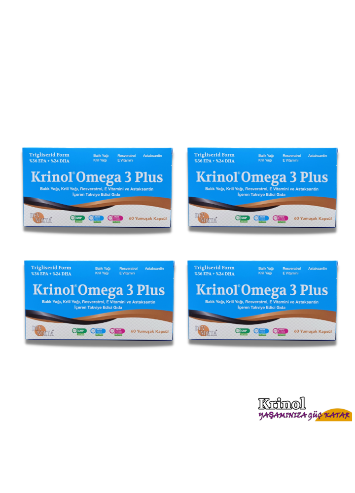 Krinol Omega 3 Plus - Balık Yağı, Krill Yağı, Resveratrol, E Vitamini ve Astaksantin - 60 Kapsül - 4 Kutu