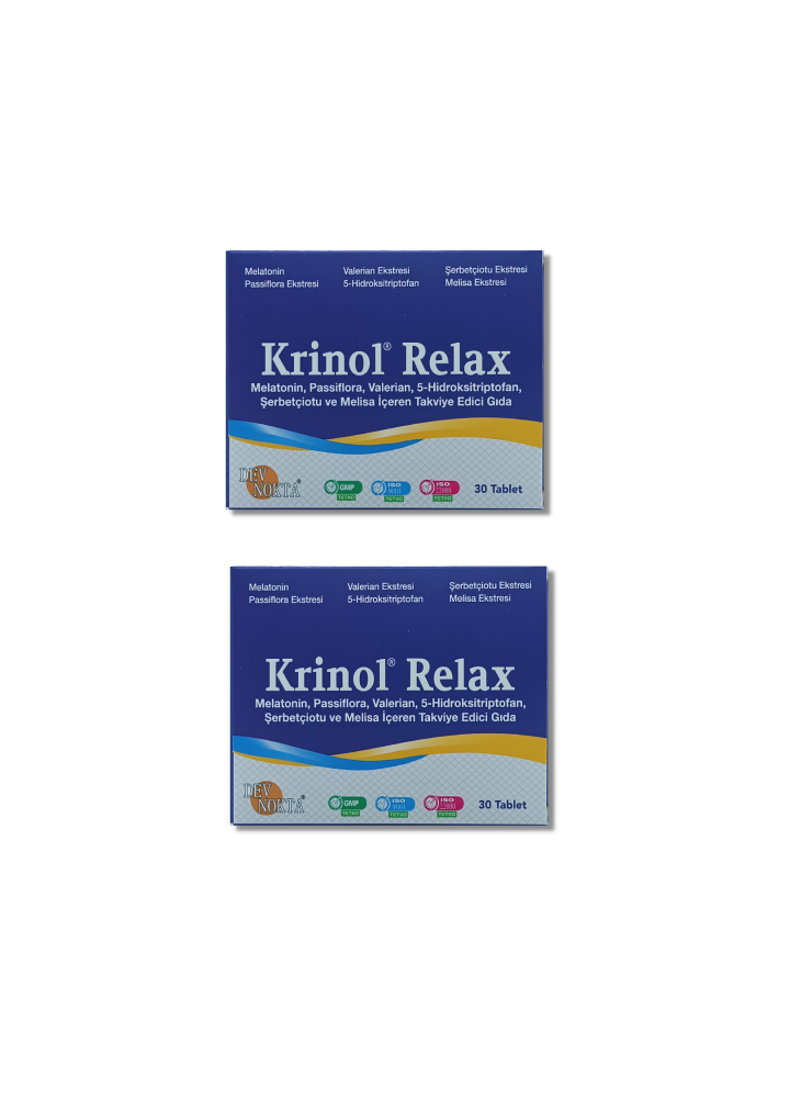 Krinol Relax - Melatonin, Passiflora, Valerian, 5-Hidroksitriptofan, Şerbetçiotu ve Melisa - 30 Tablet - 2 Kutu