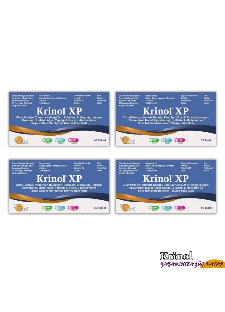 Krinol XP - Cüce Palmiye, Spirulina, At Kuyruğu, Isırgan, Resveratrol, L-Sistin, L-Metiyonin, Soya İzoflavonları, Keratin, Bor, Biotin,  Folik Asit - 30 Kapsül - 4 Kutu