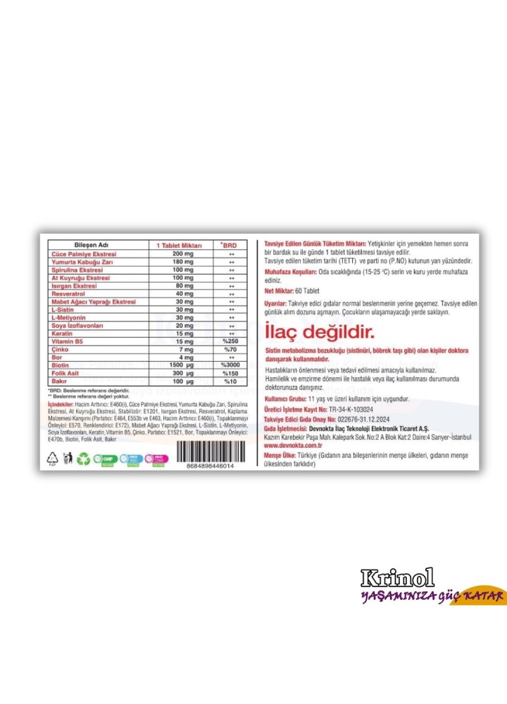 Krinol XP - Cüce Palmiye, Spirulina, At Kuyruğu, Isırgan, Resveratrol, L-Sistin, L-Metiyonin, Soya İzoflavonları, Keratin, Bor, Biotin,  Folik Asit - 30 Kapsül - 2 Kutu