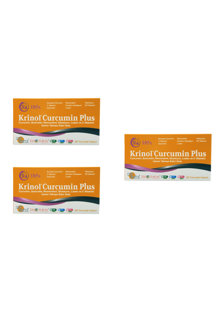 Krinol Curcumin Plus - Novasol Curcumin, Quercetin, Resveratrol, Glutatyon, Lutein, Selenyum, D3 Vitamini ve C Vitamini - 30 Kapsül - 3 Kutu